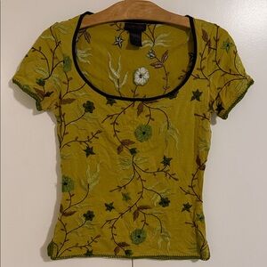 Custo Barcelona Olive Green Embroidered Short Sleeve Scoop Neck Top
